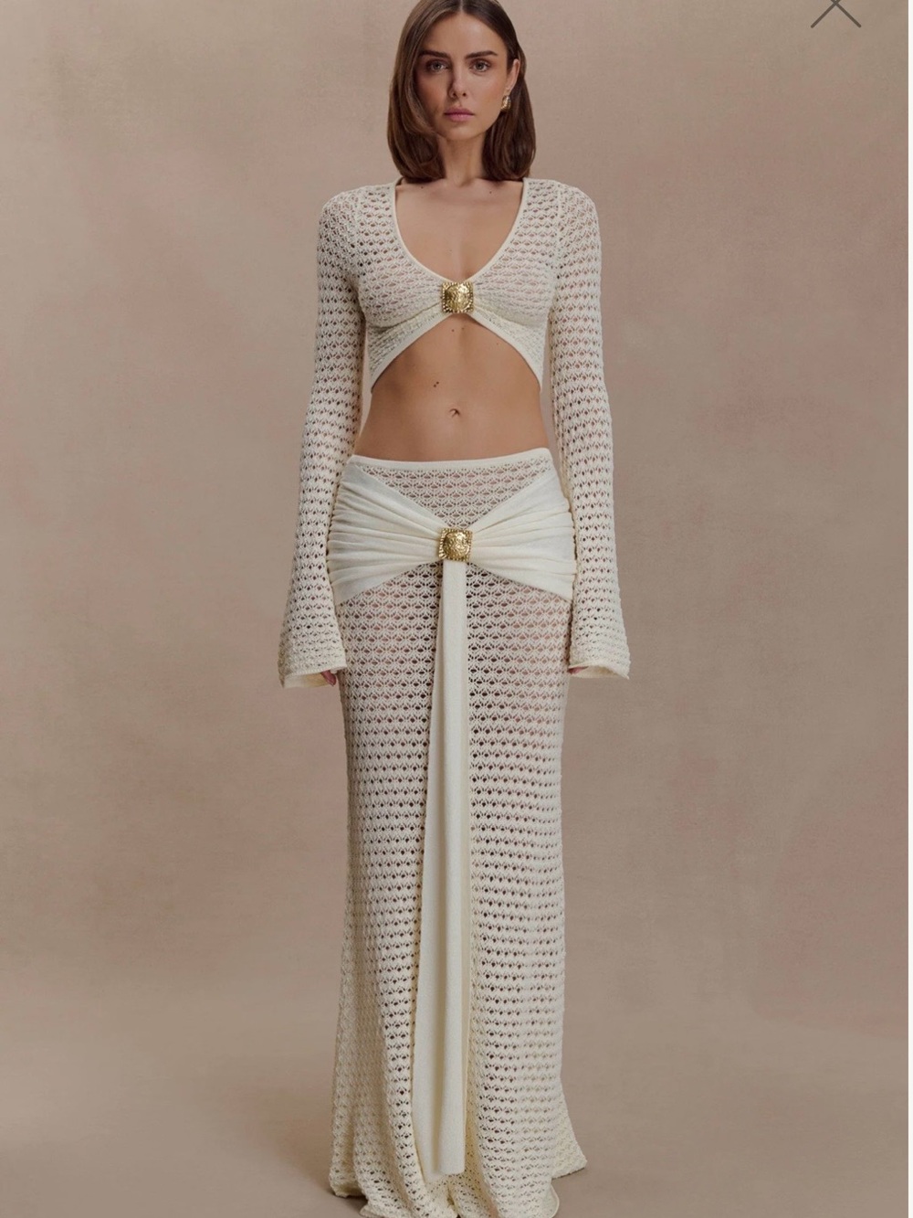 Women's Cream Crochet Maxi Skirt & Crop Top Set with Gold Accent